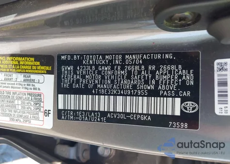 2004 Toyota Camry Xle from USA, damaged, VIN 4T1BE32K34U917955